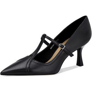 🆕Women Black Formal Leather Kitten Heel Pumps Toe Ankle Strap Stiletto Shoes